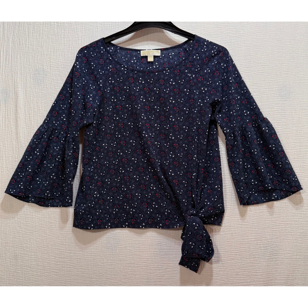 Michael Kors Women's Top Size M Navy Blue Heart Print 3/4 Bell Sleeve Tie Front‎